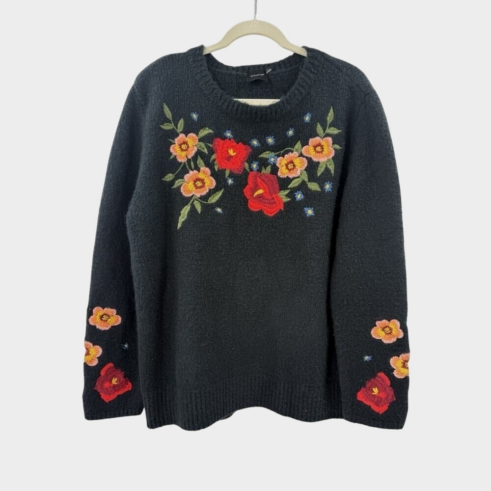 Women's Navy Blue Cliche 5% Wool Floral Embroidered Sweater Sz L Boho Fall‎ Cozy